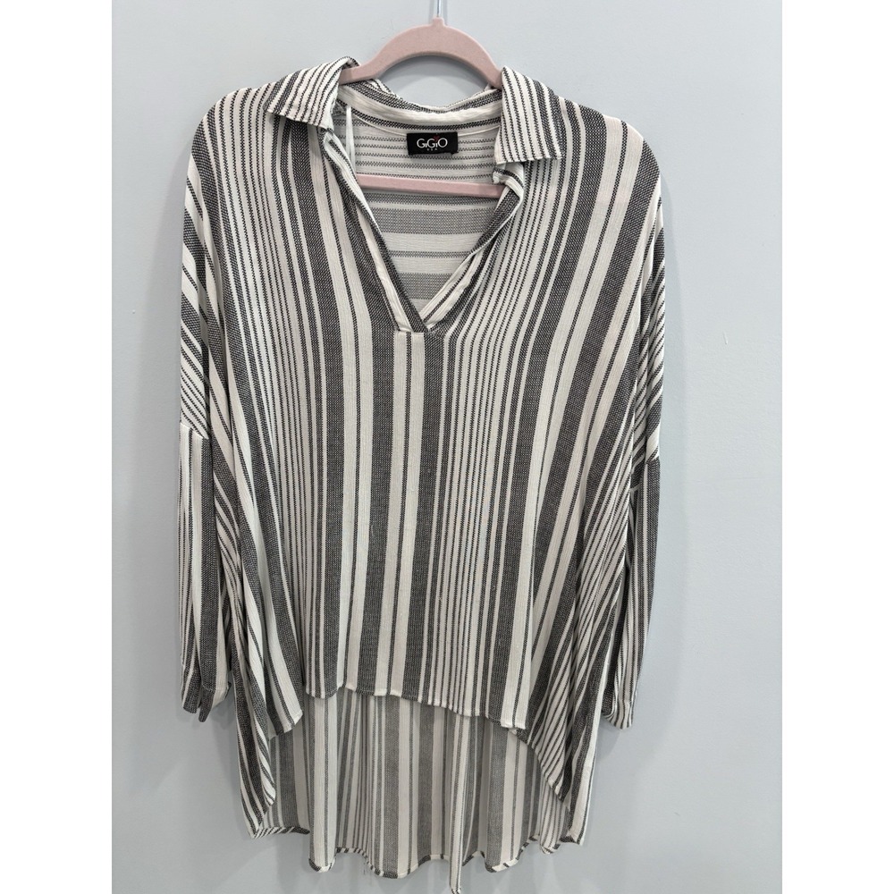 GiGio Womens Striped Rayon Tunic Top Medium Oversized High Low Casual Lagenlook